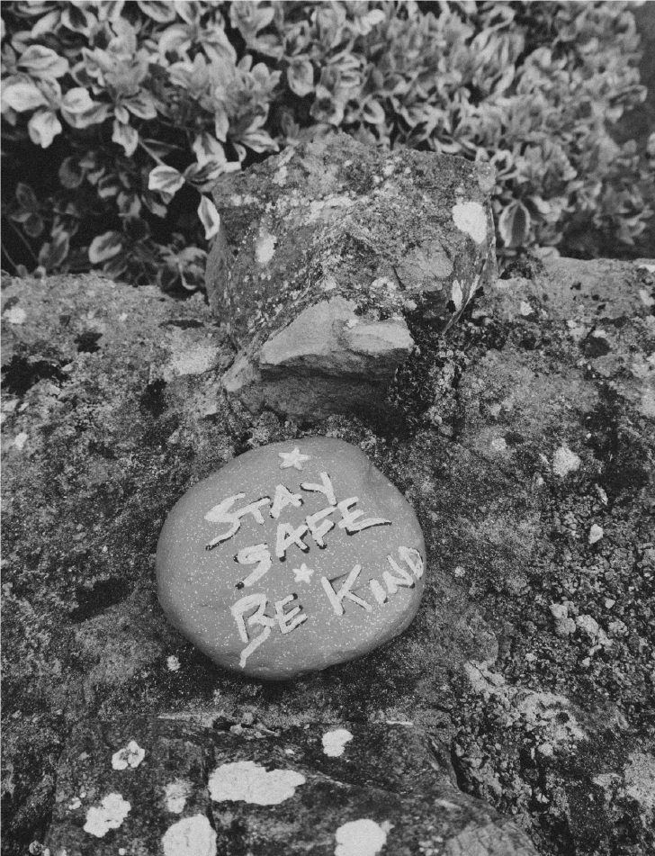 A rock on the ground that says "Stay Safe and Be Kind"